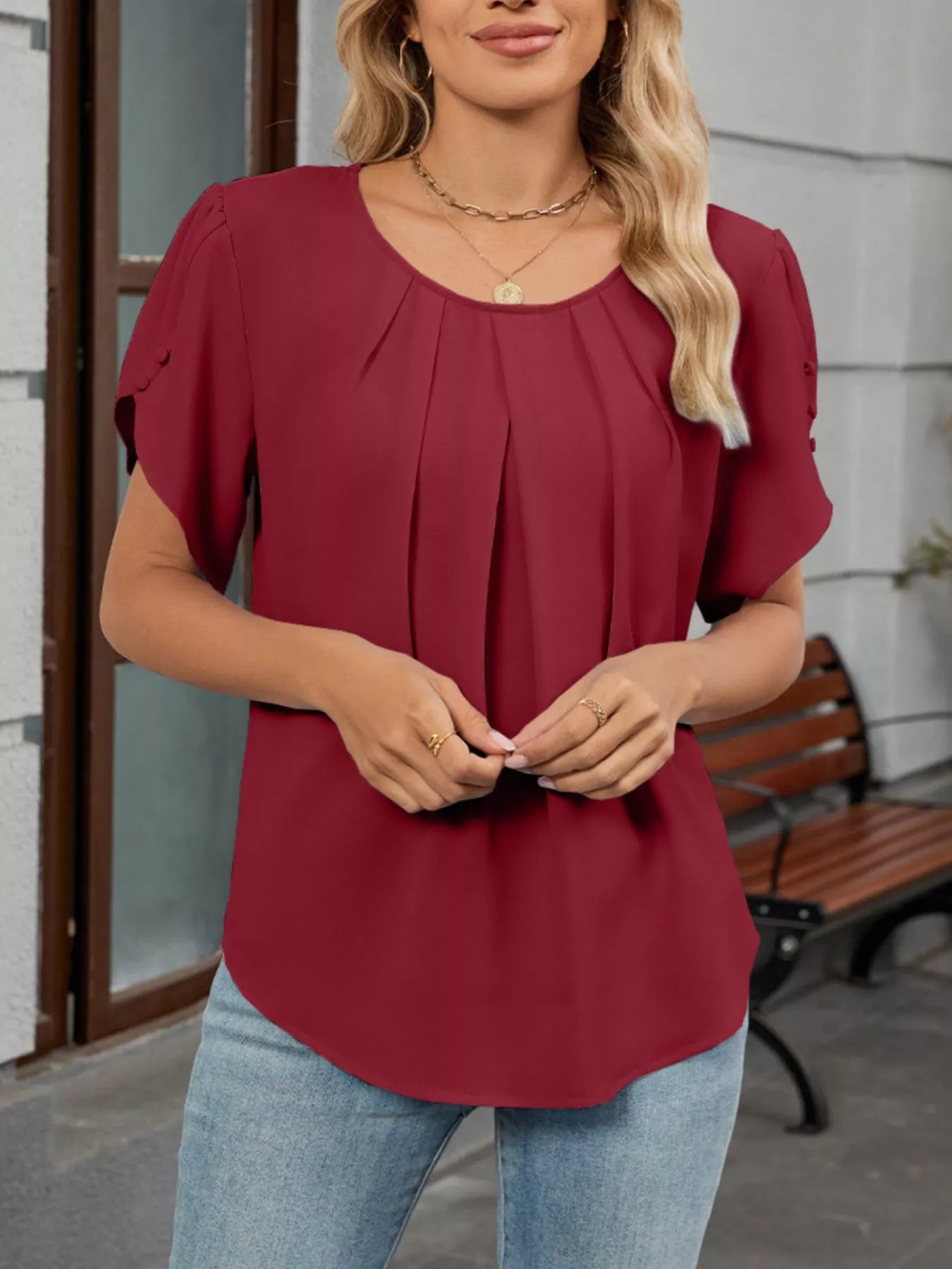 Elegant Pleated Flowy Short Sleeve Blouse