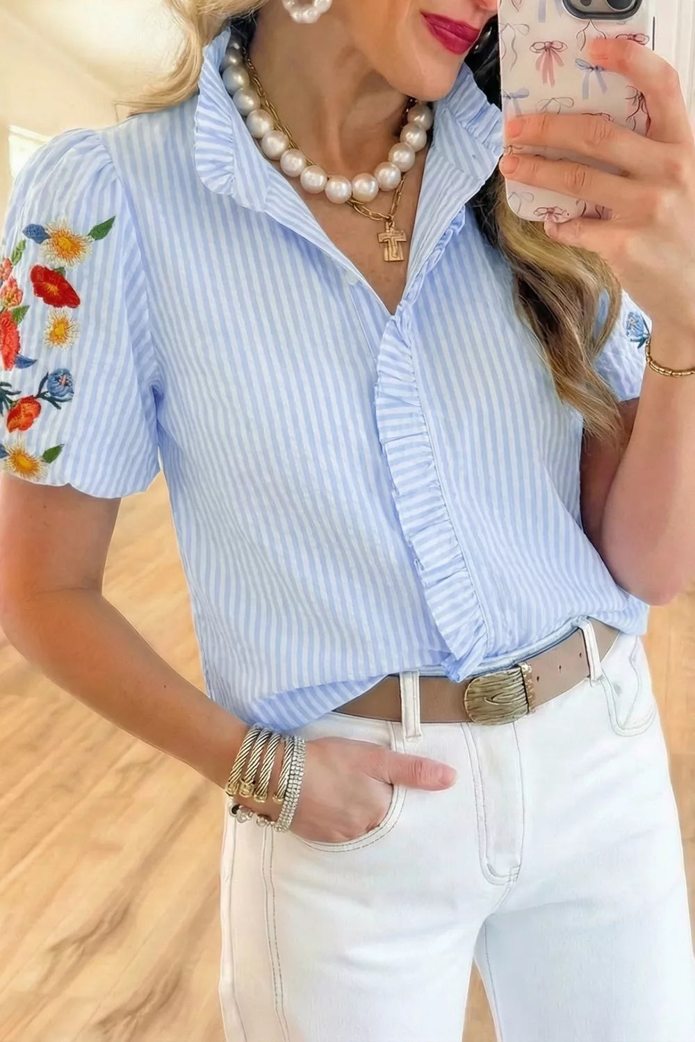 Stripe Floral Embroidered Puff Sleeve Ruffle Trim Shirt