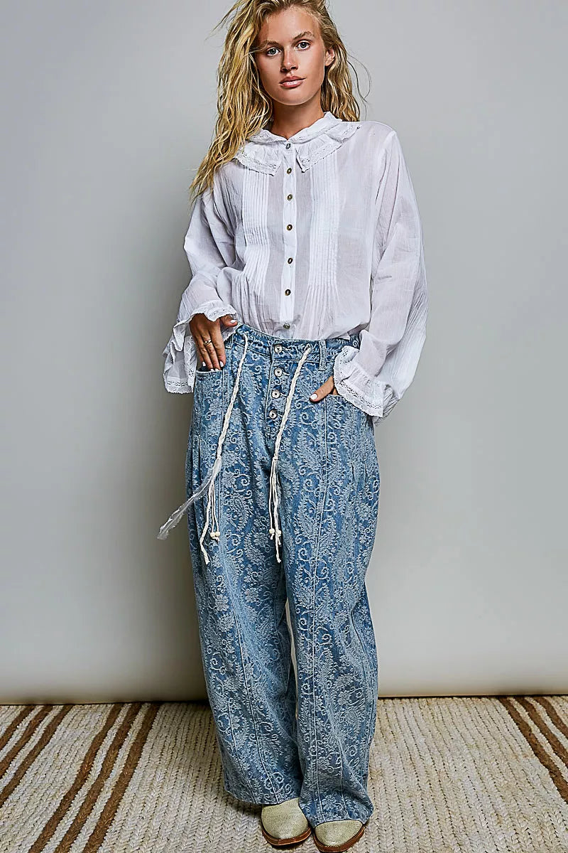 POL Woven Lace Trim Pintuck Button-Down Shirt