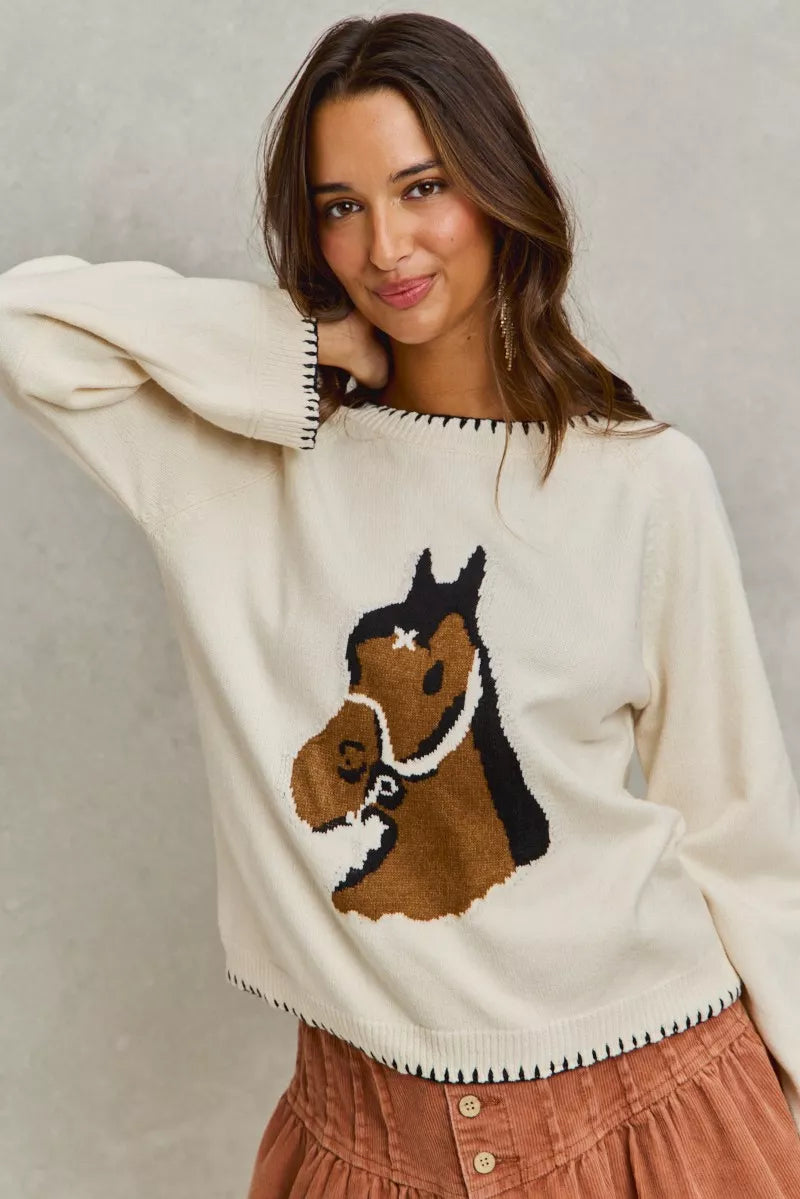 SO ME Horse Knit Sweater Top with Blanket Stitch