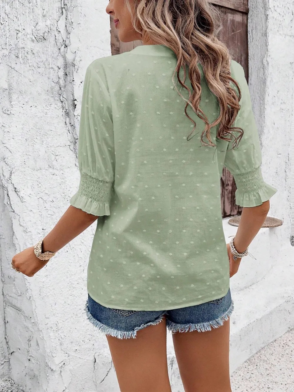 Eyelet Notched Flounce Sleeve Blouse