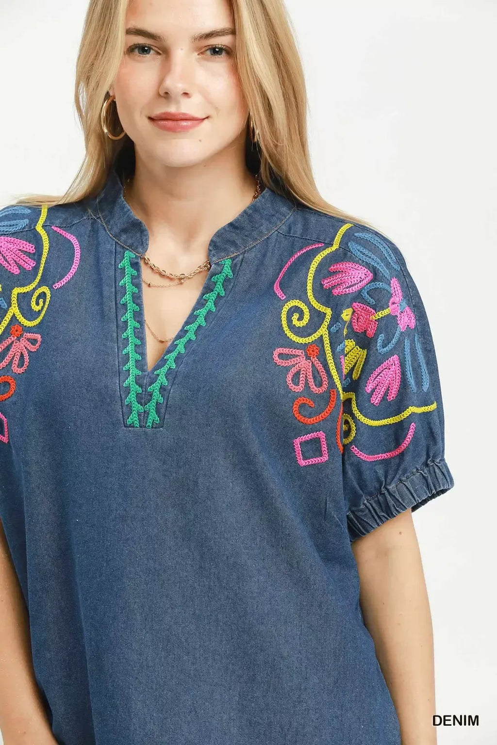 Umgee Embroidered Denim Puff Sleeve Top