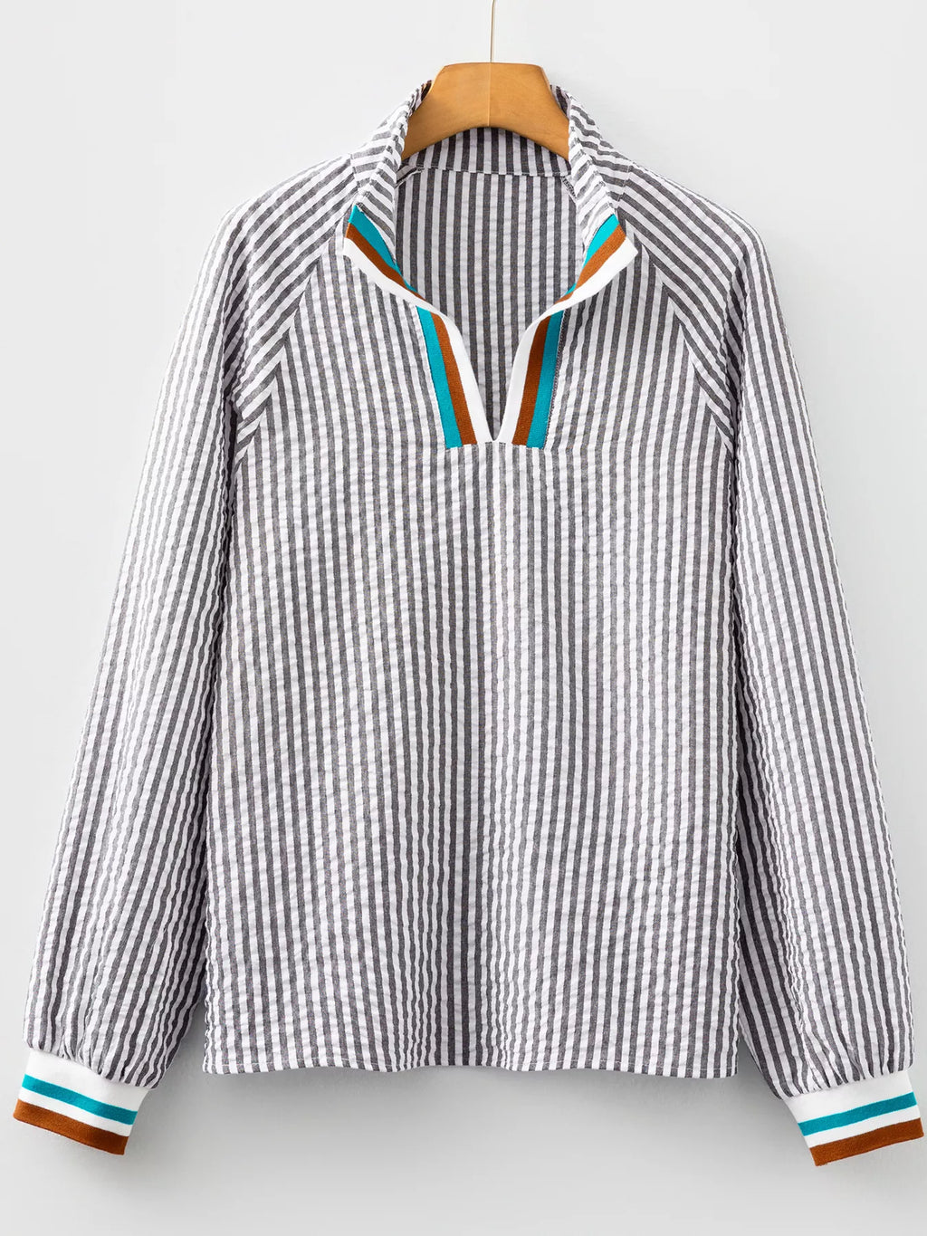 Striped Print Contrast Patchwork Detail Split Neck Blouse