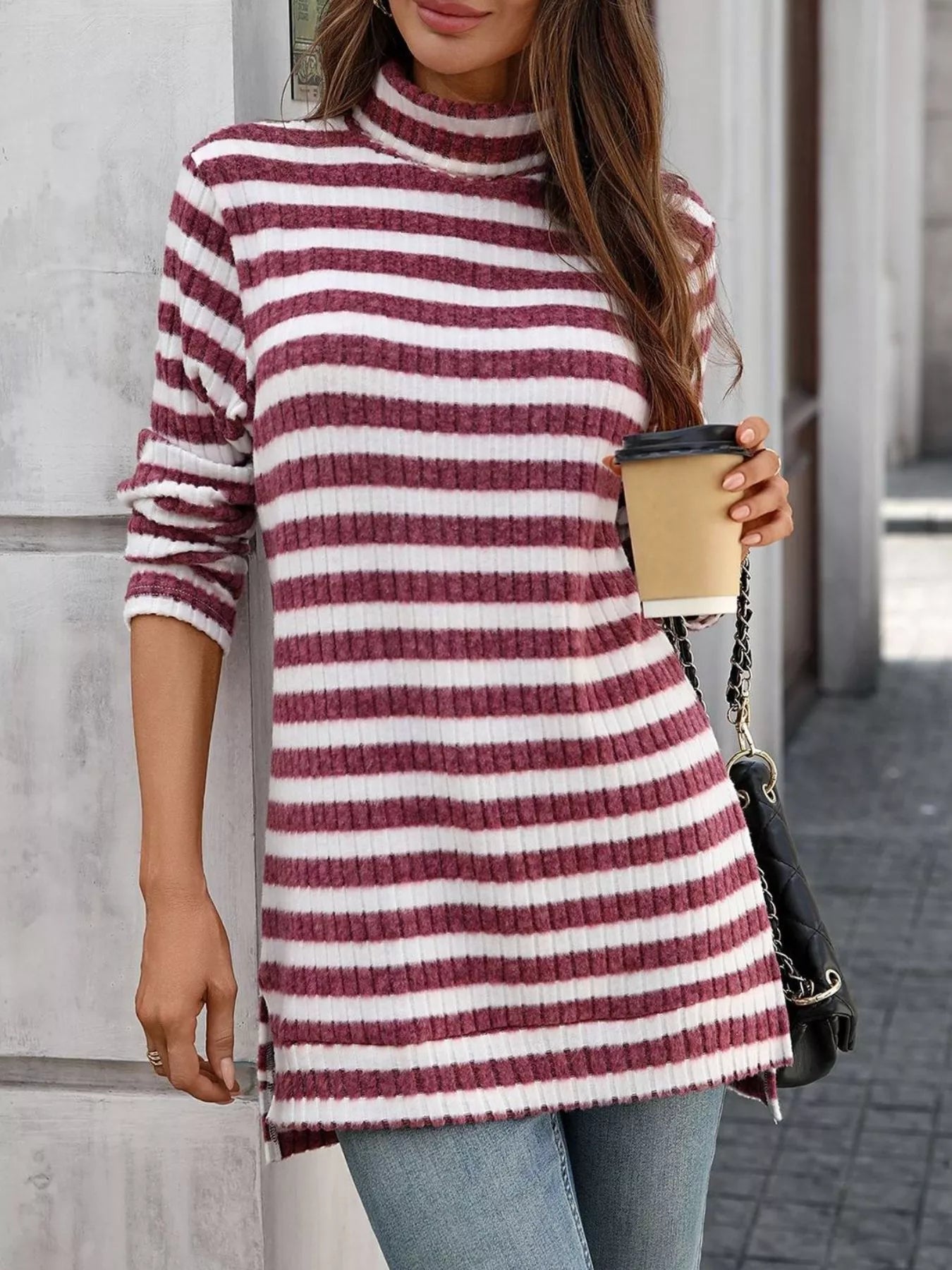 Striped Turtleneck Long Sleeve Knit Top