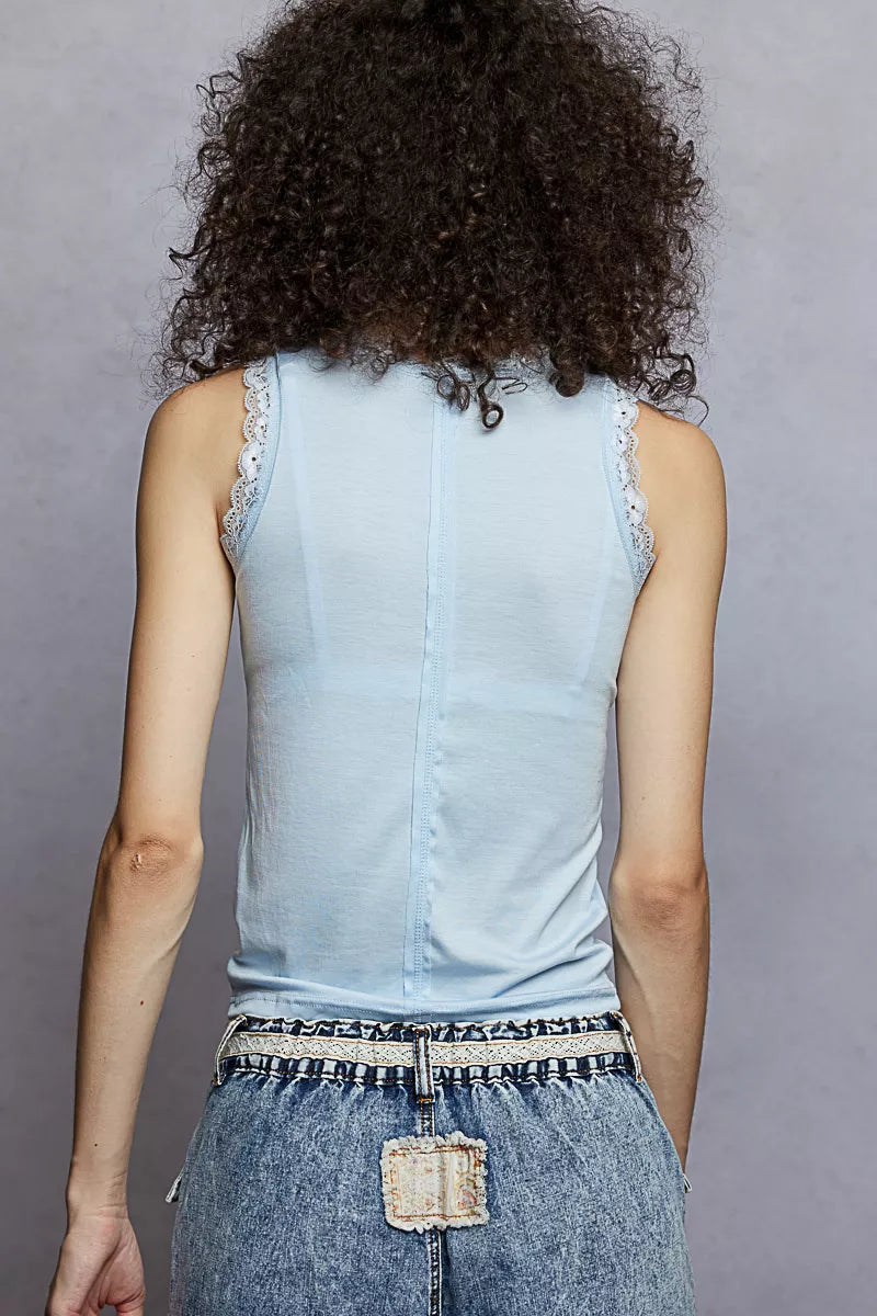 POL Round Neck Cropped Tank with Lace Trim