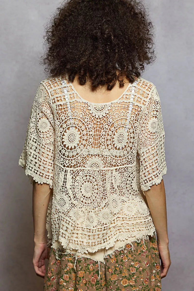 POL V-Neck Crochet Top with Scalloped Hem