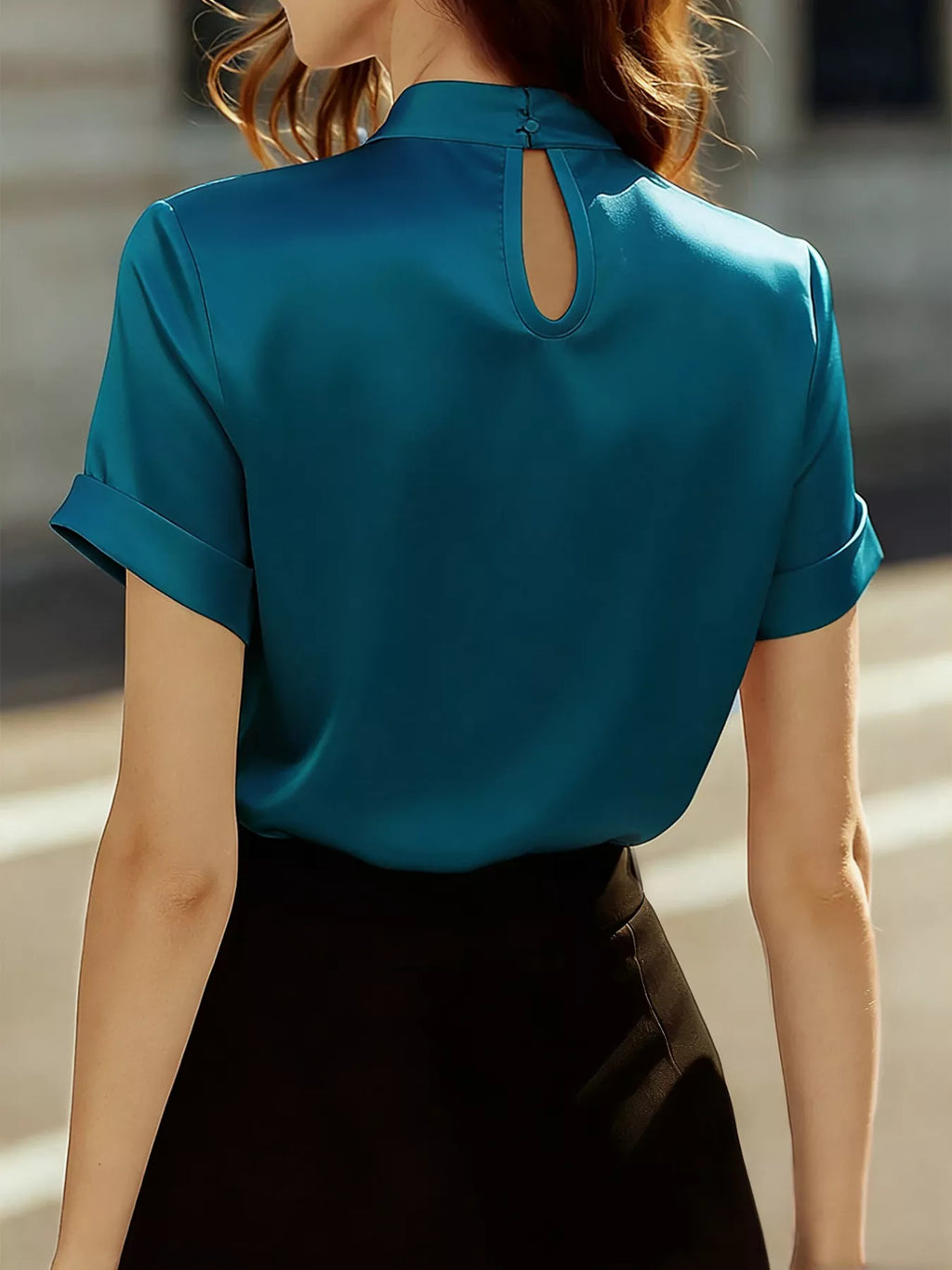 Keyhole Neck Satin Short Sleeve Blouse