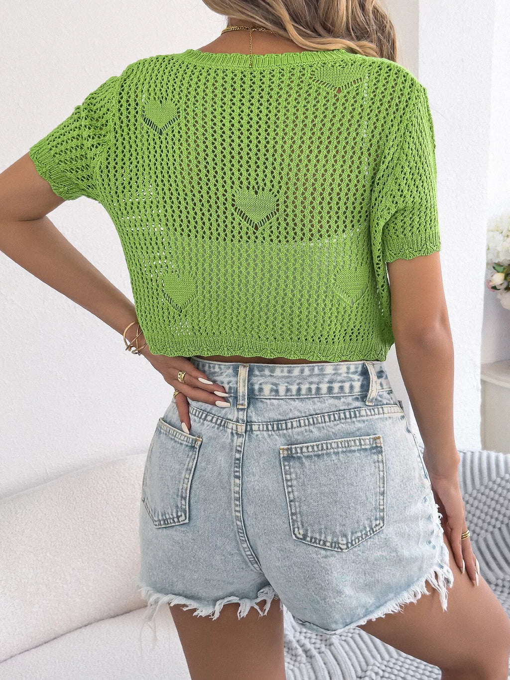 Crochet Heart Pattern Tie Front Cardigan