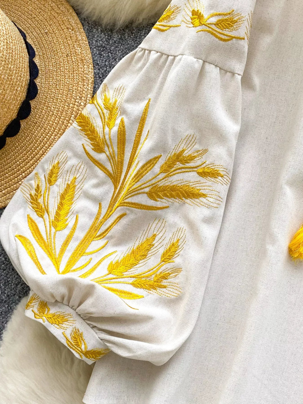 Embroidered Wheat Pattern Tie Neck Blouse
