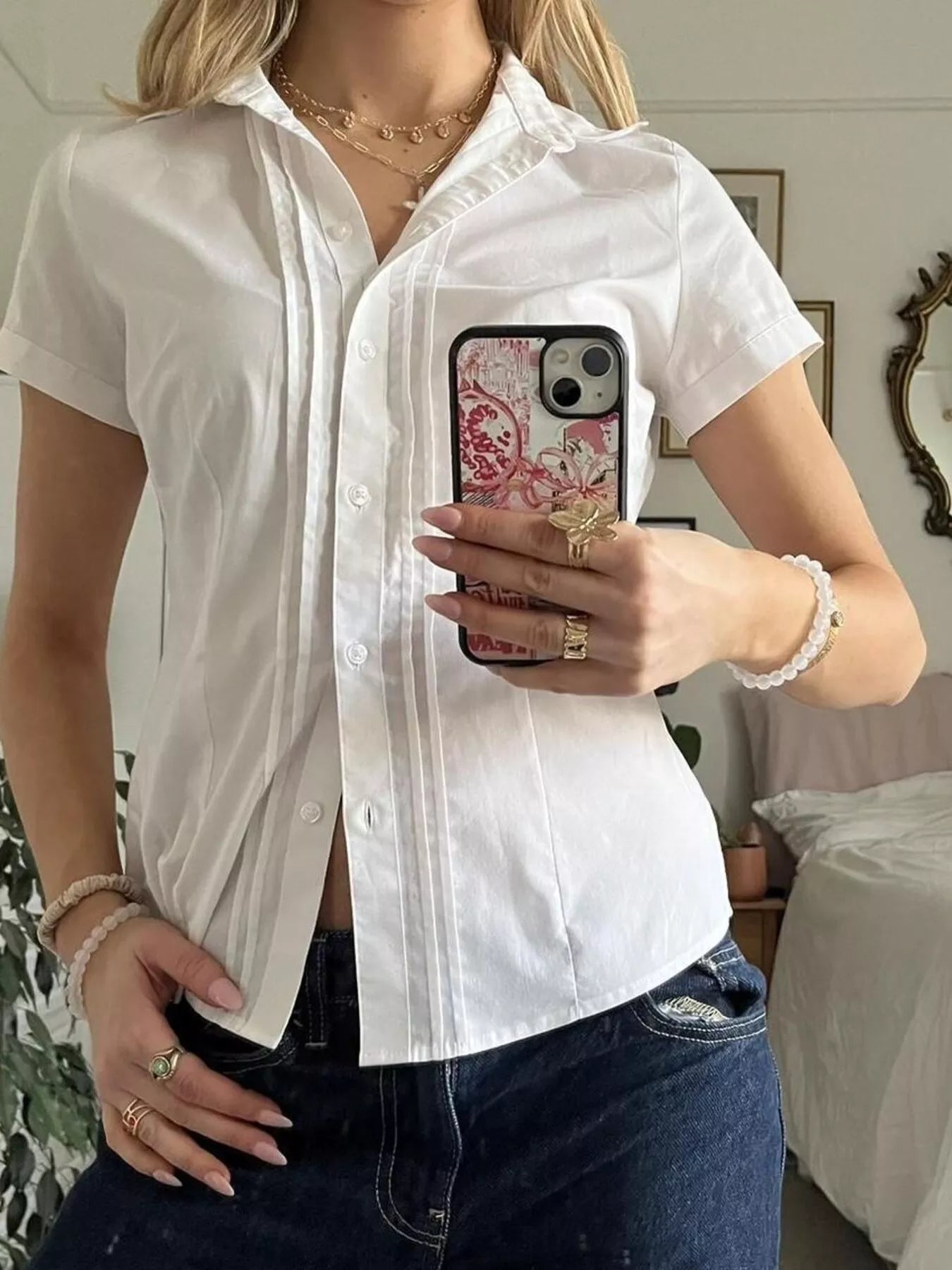 Button Dwon Pleated Short Sleeve Shirt
