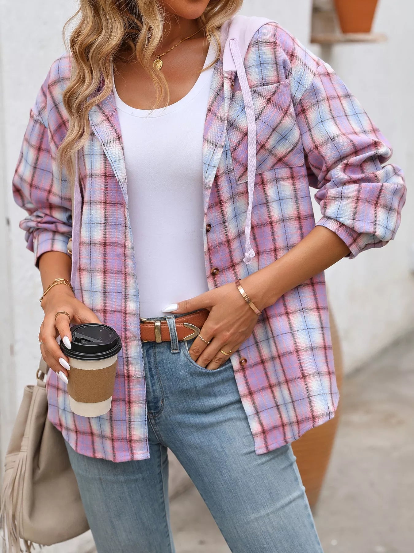 Plaid Button-Up Hooded Shirt with Chest Pocket