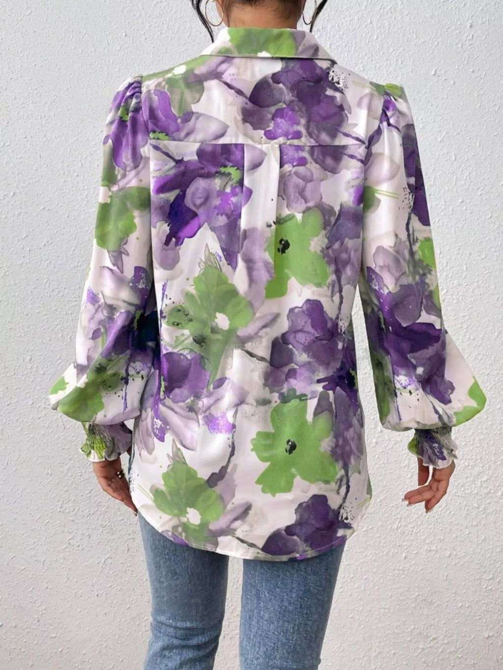 Printed Button Up Lantern Sleeve Shirt