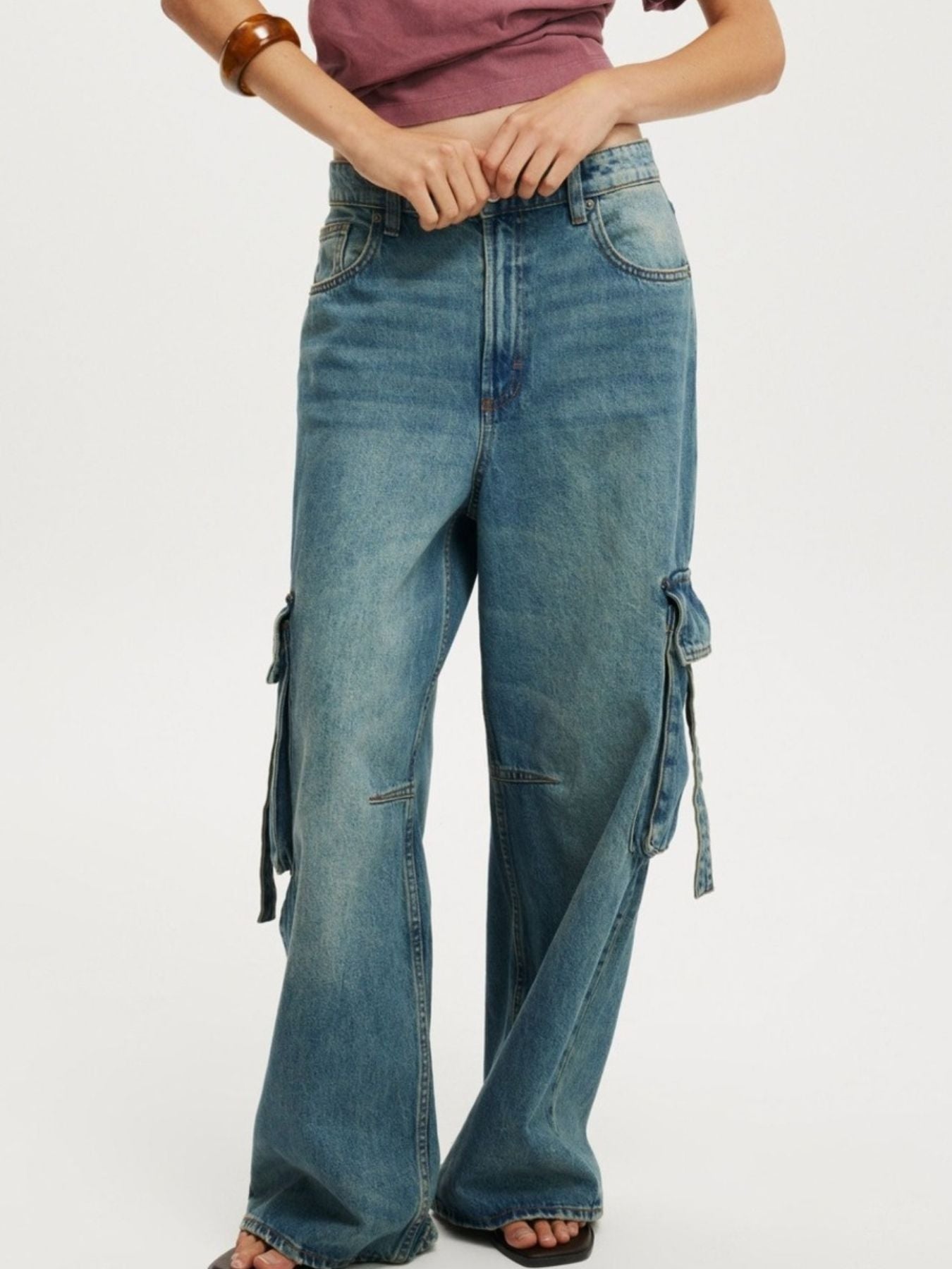 Vintage Wash Wide Leg Cargo Jeans