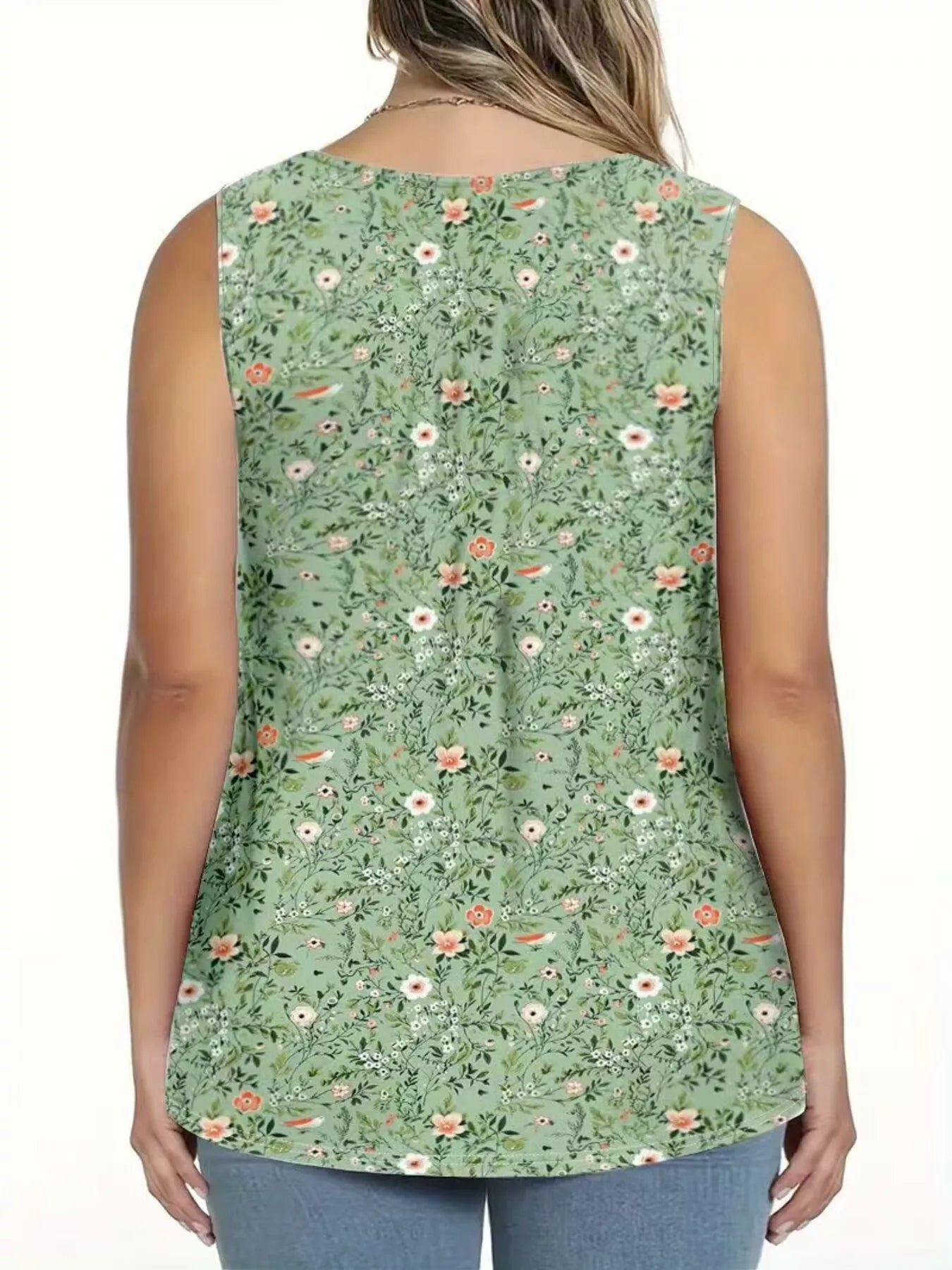 Full Size Floral Print Button Detail Tank Plus Size
