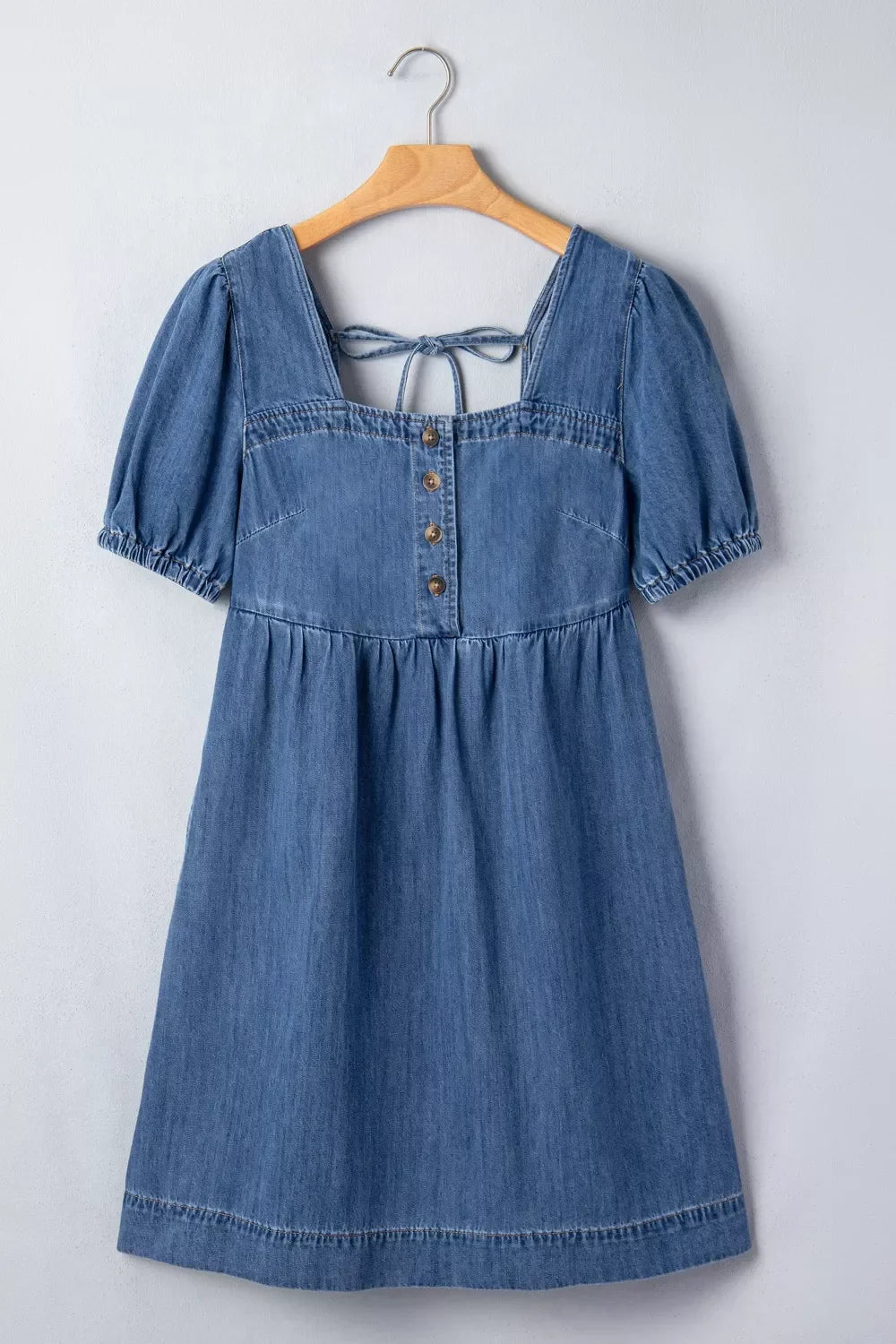 Button-Front Puff Sleeve Denim Dress