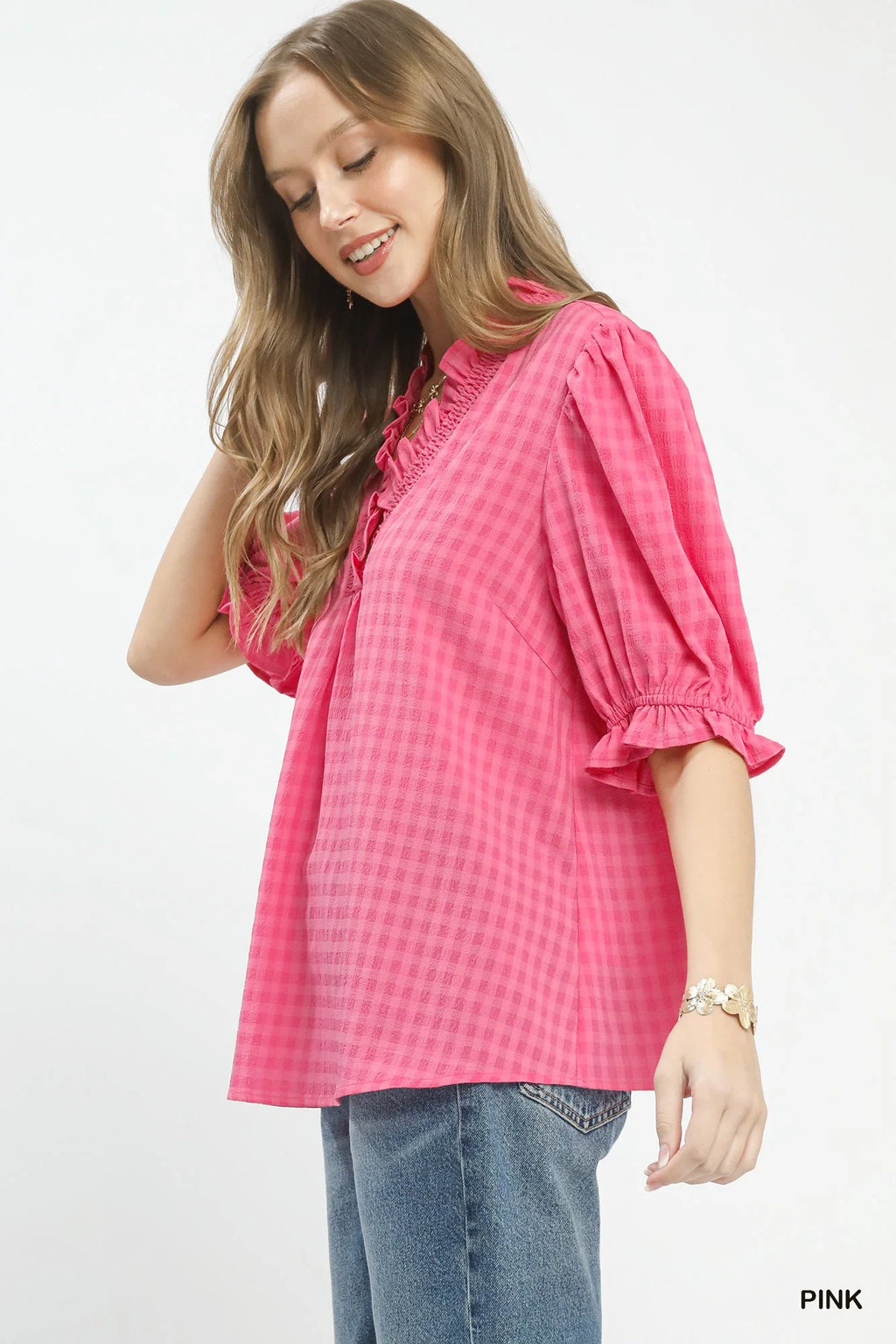 Umgee Textured Check Ruffle V-Neck Blouse
