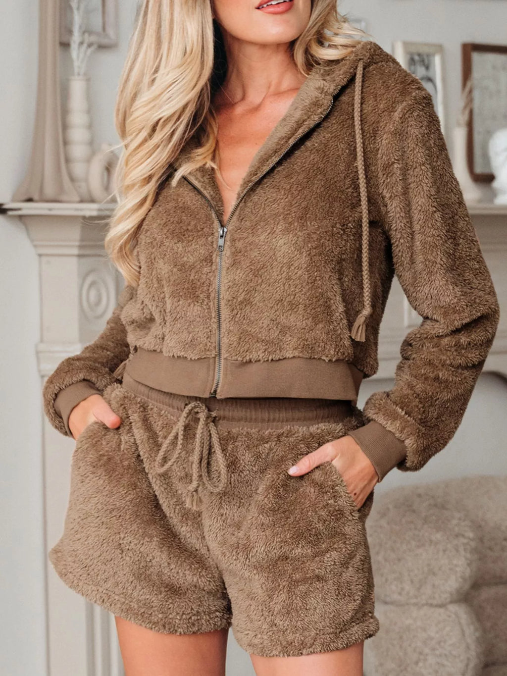 Zip Up Hoodie and Drawstring Shorts 2pcs Outfit