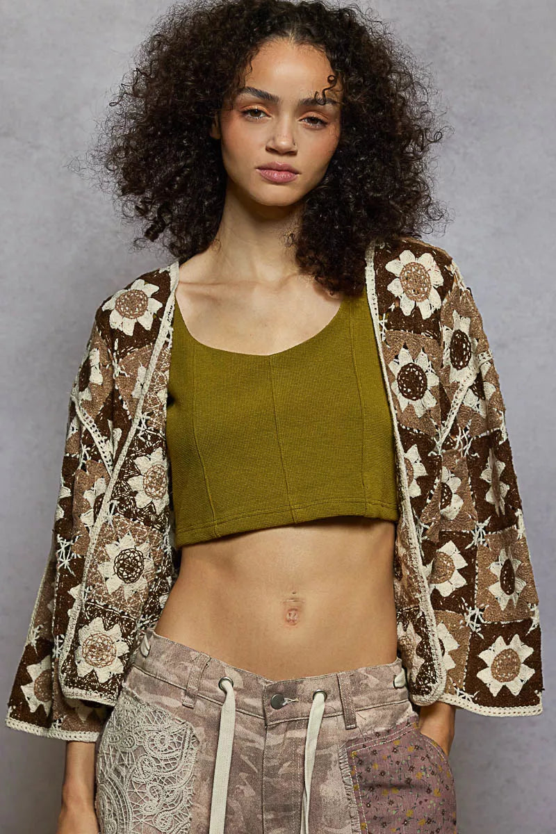 POL Open Front Cardigan with Varied Patterns