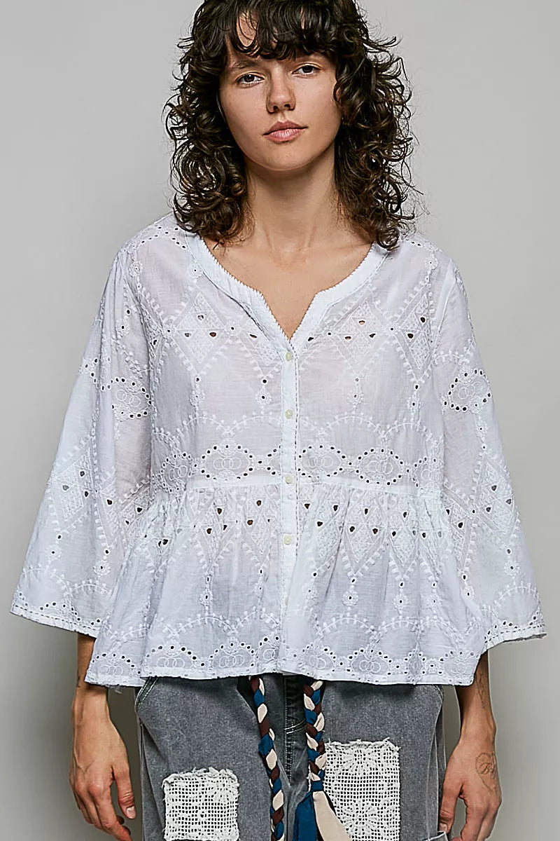 POL Eyelet Embroidery Peplum Button Front Cotton Shirt