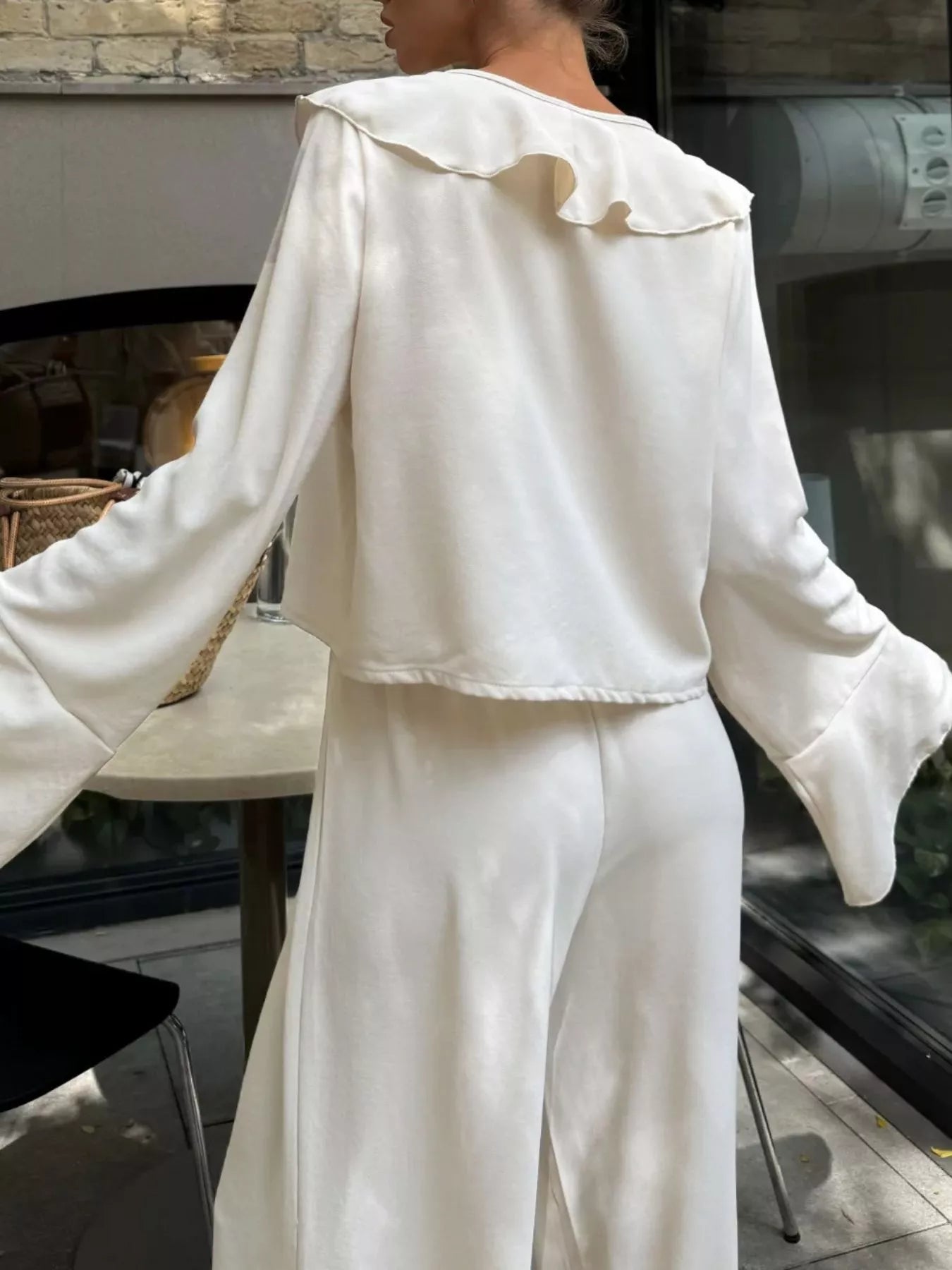 Ruffle Trim Tie Front Top and Pants Set