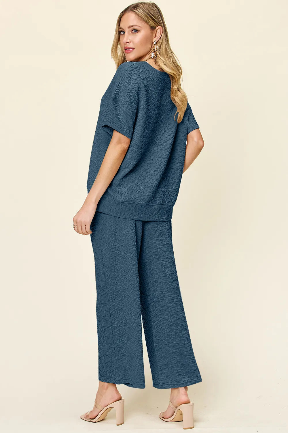 Double Take Full Size Texture Short Sleeve Top and Pants Set