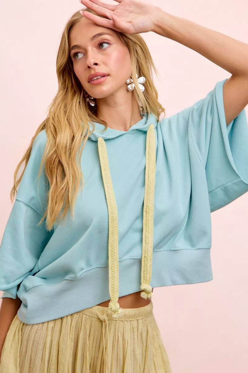 BiBi Washed Terry Short Sleeve Drawstring Hoodie Top
