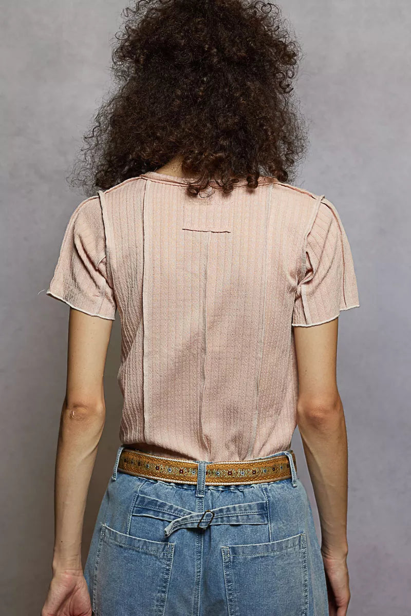 POL V-Neck Short Sleeve Top with Stitch Seam Detail