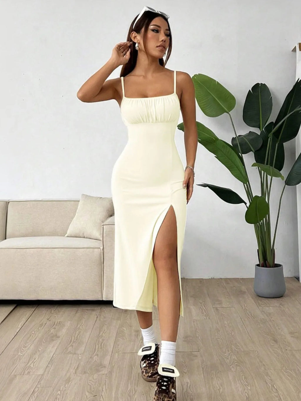 Slit Bodice Midi Cami Dress