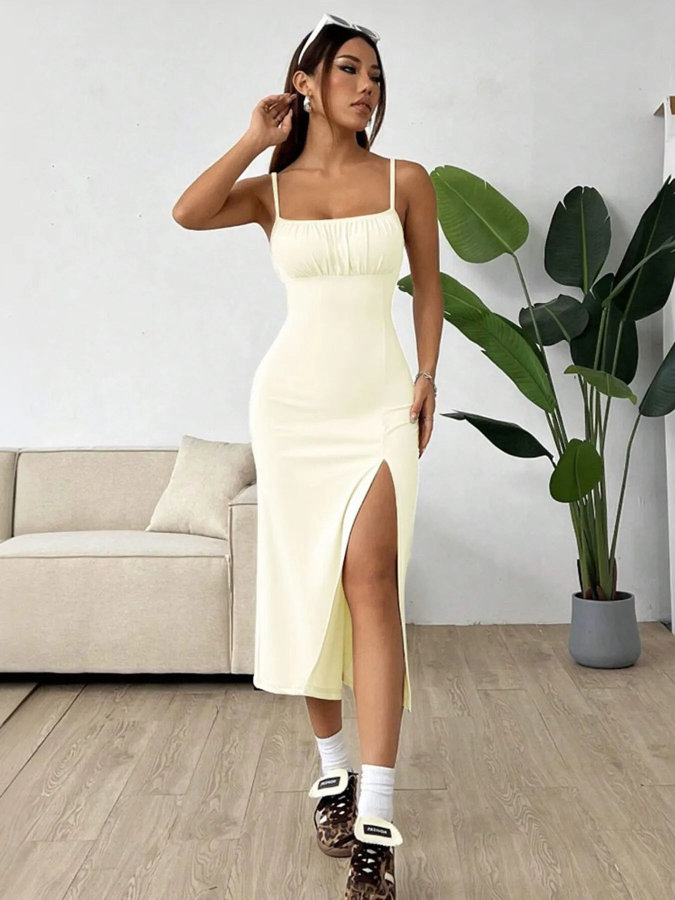 Slit Bodice Midi Cami Dress