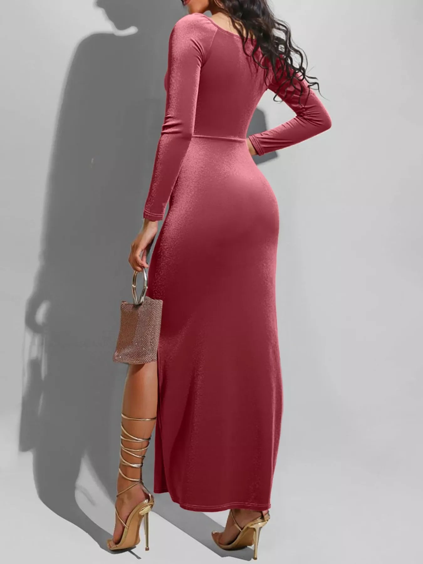 Long Sleeve Wrap Midi Dress with Slit