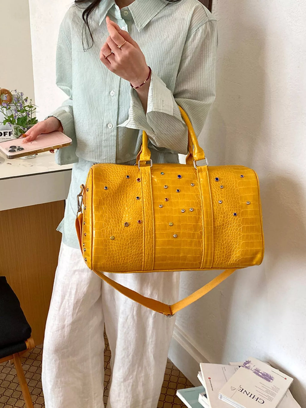 Crocodile Embossed Studded Travel Bag