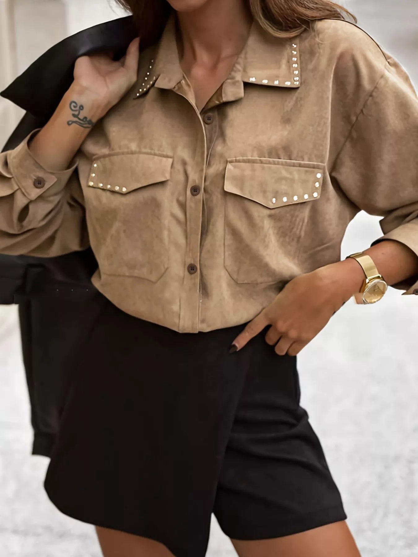 Studded Button Up Shirt with Chest Pockets