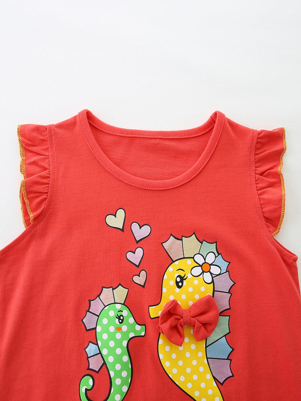 Children's Seahorse Ruffle Sleeve Top and Rainbow Striped Shorts Set