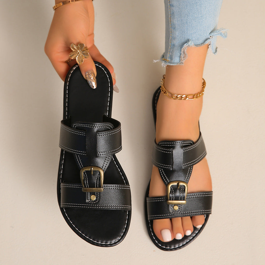 Buckled Leather Slide Sandals