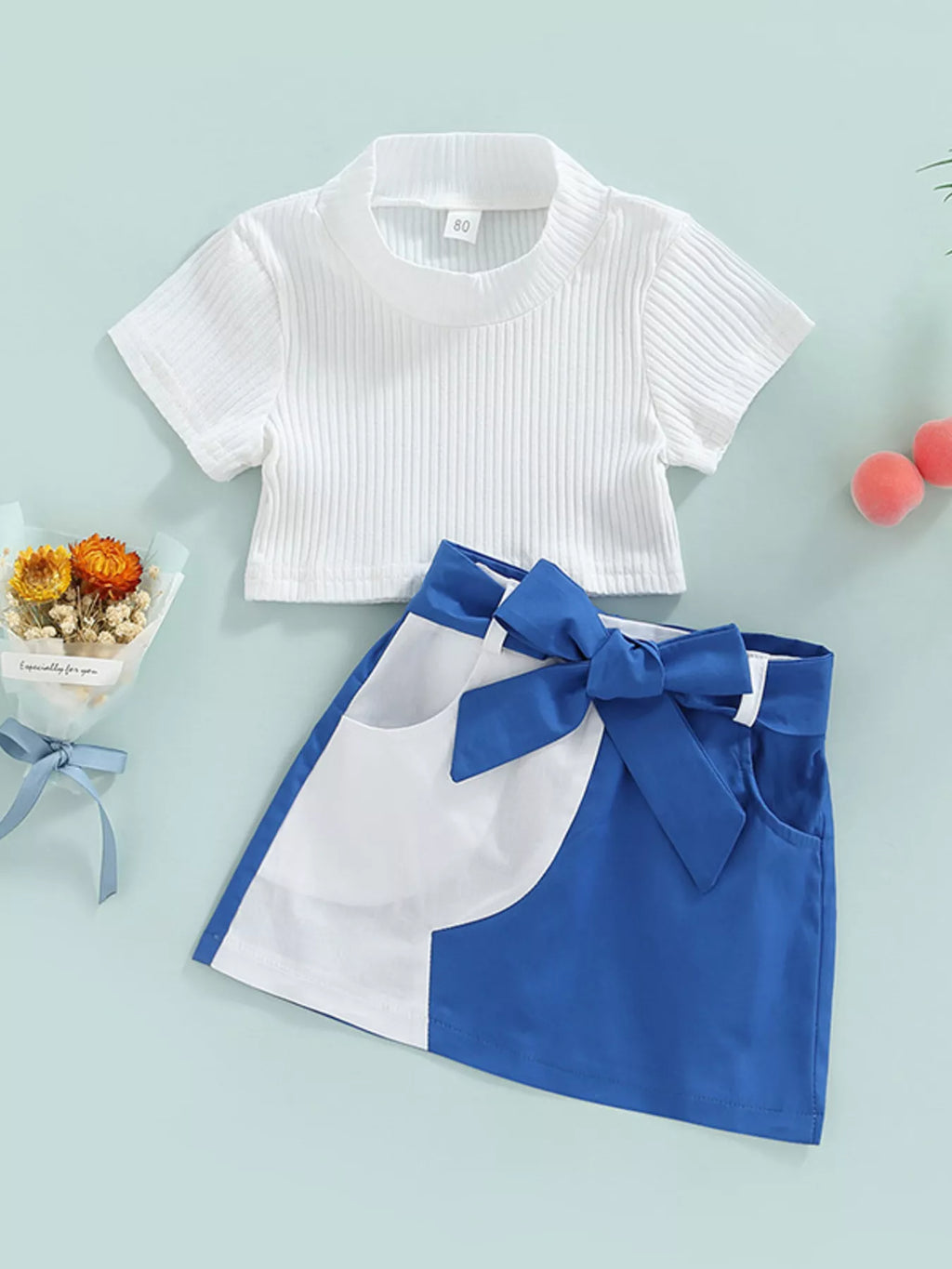 Children's Ribbed Knit Top & Bow Decor Skirt Set