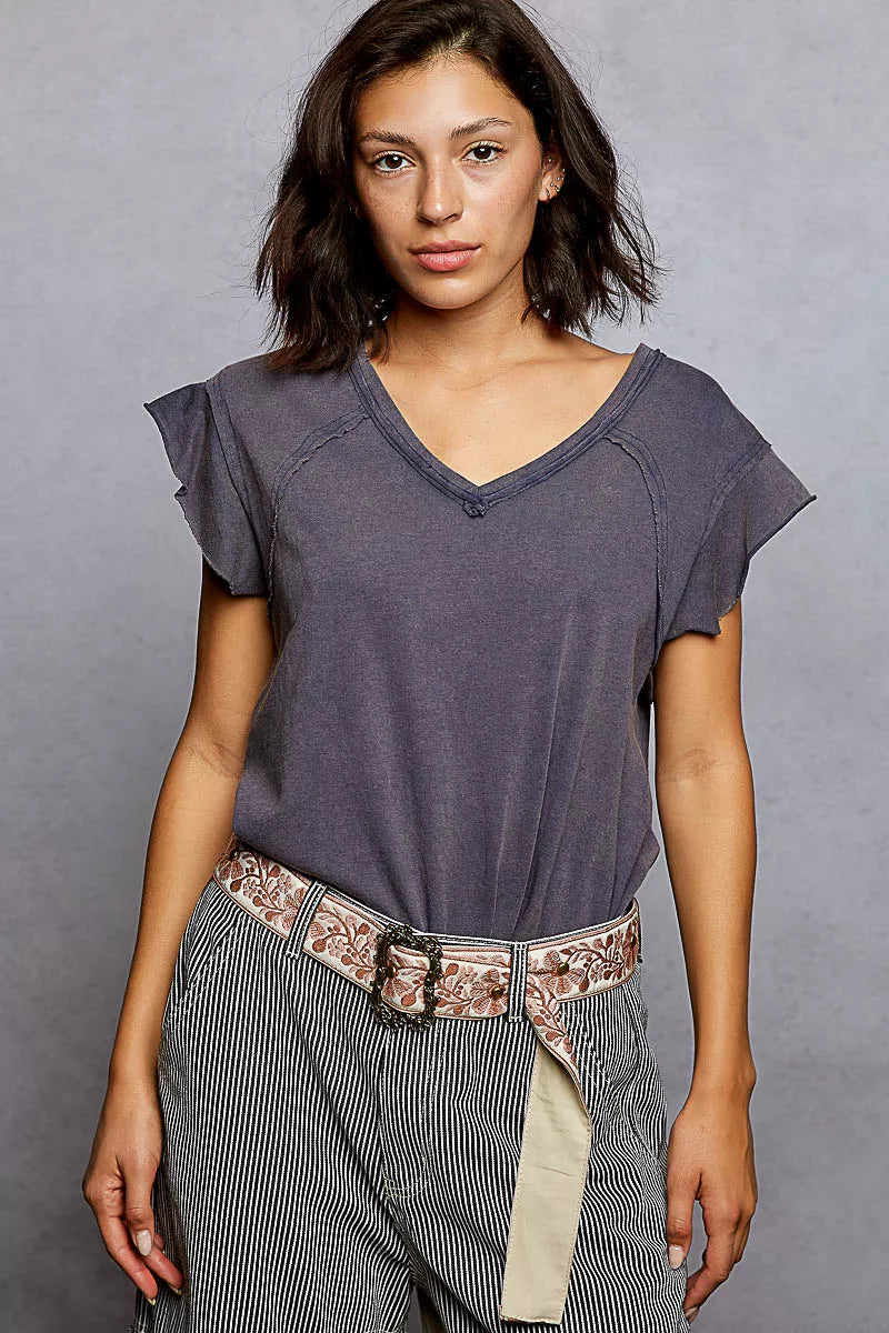 POL V-Neck Short Sleeve T-Shirt with Ruffle Sleeve