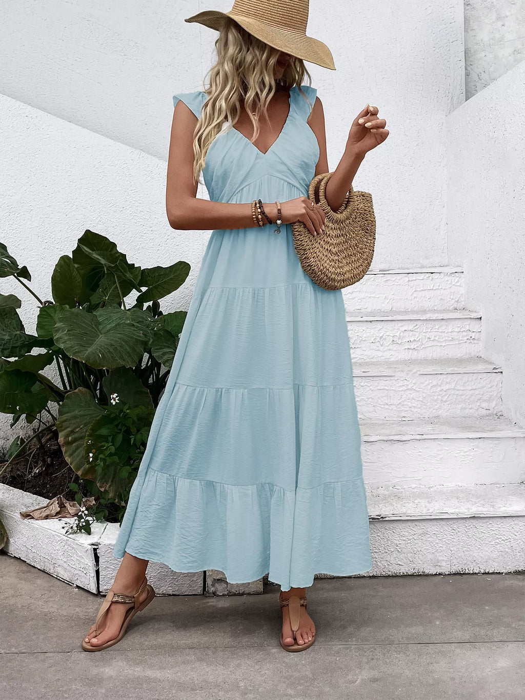 V-Neck Tiered Dress with Flutter Sleeves