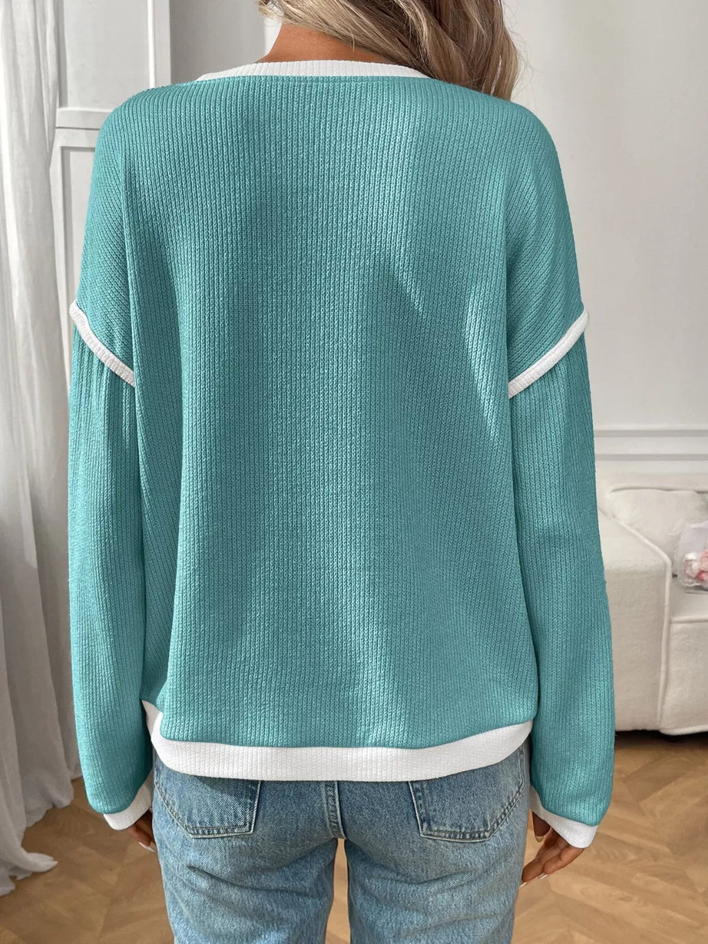 Ribbed Knit Contrast Trim Sweater