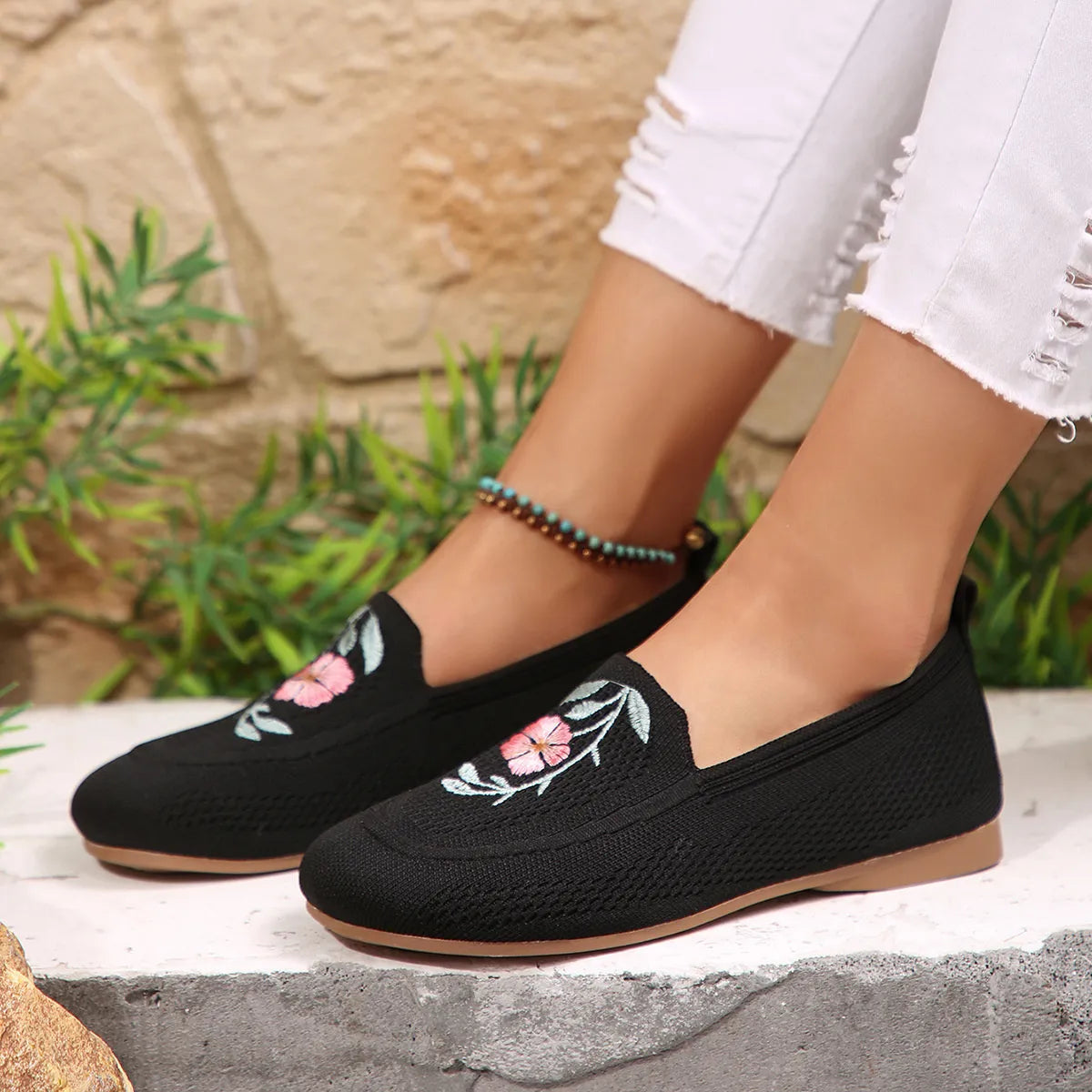 Embroidered Mesh Slip-Ons