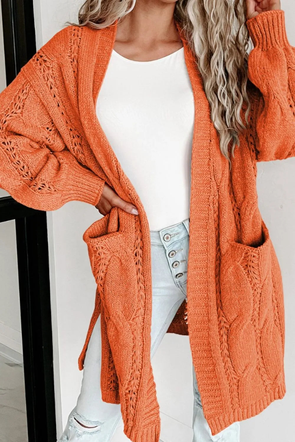 Cable-Knit Dropped Shoulder Slit Cardigan