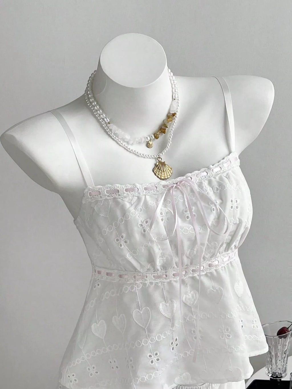 Lace Detail Eyelet Cami and Shorts Set