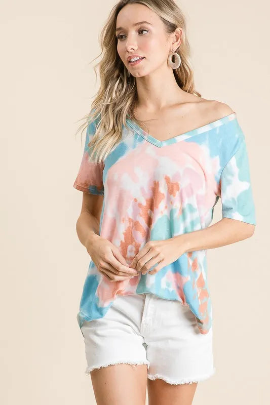 BiBi Circular Tie Dye Print V Neck Top