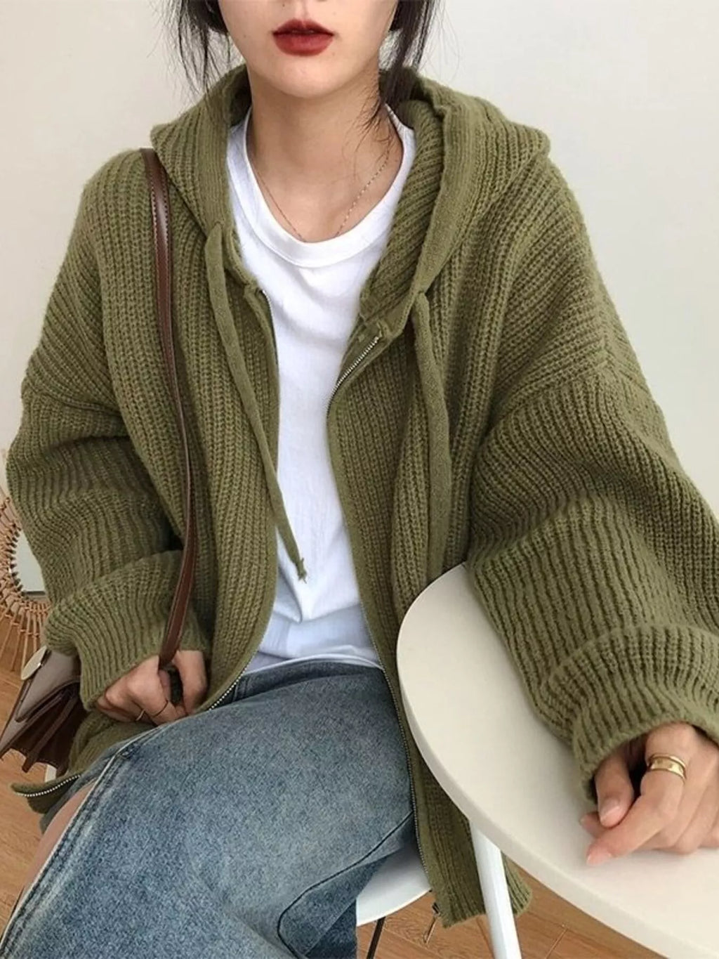 Full Size Casual Knitted Zip-Up Hooded Cardigan Plus Size