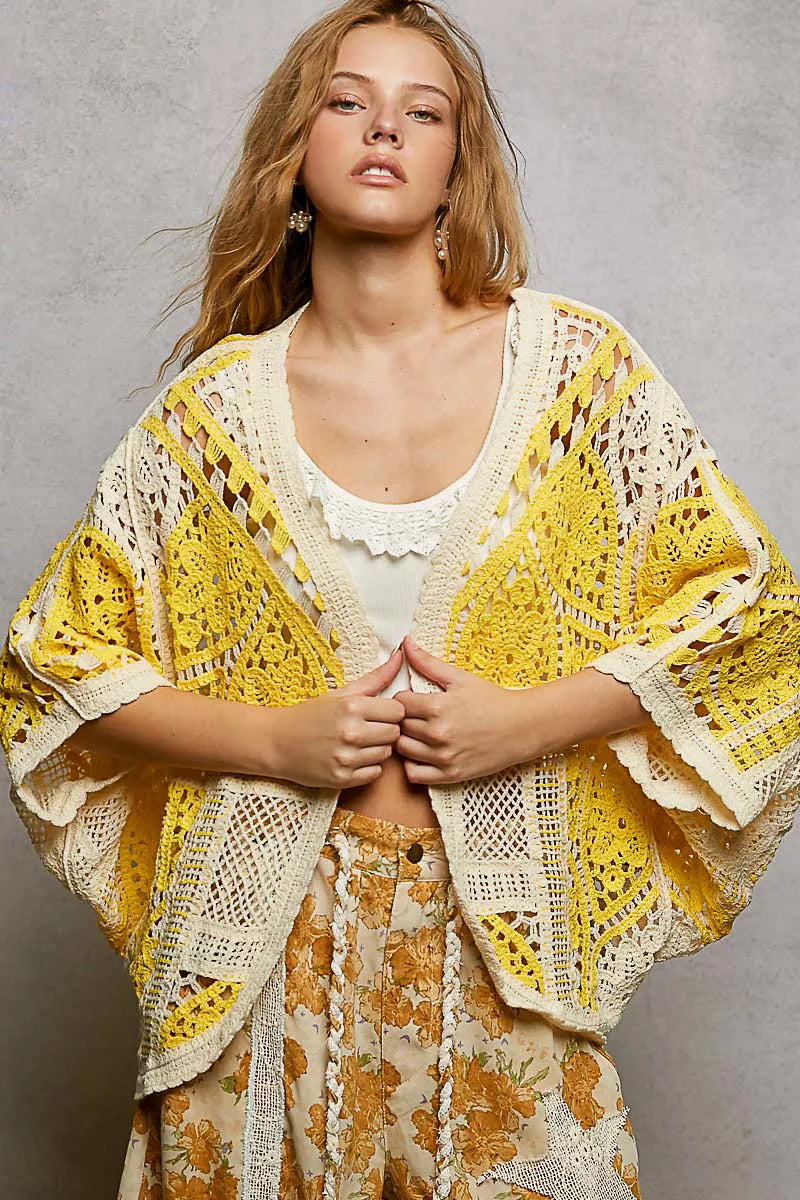 POL Open Front Crochet Cardigan with Scalloped Edge