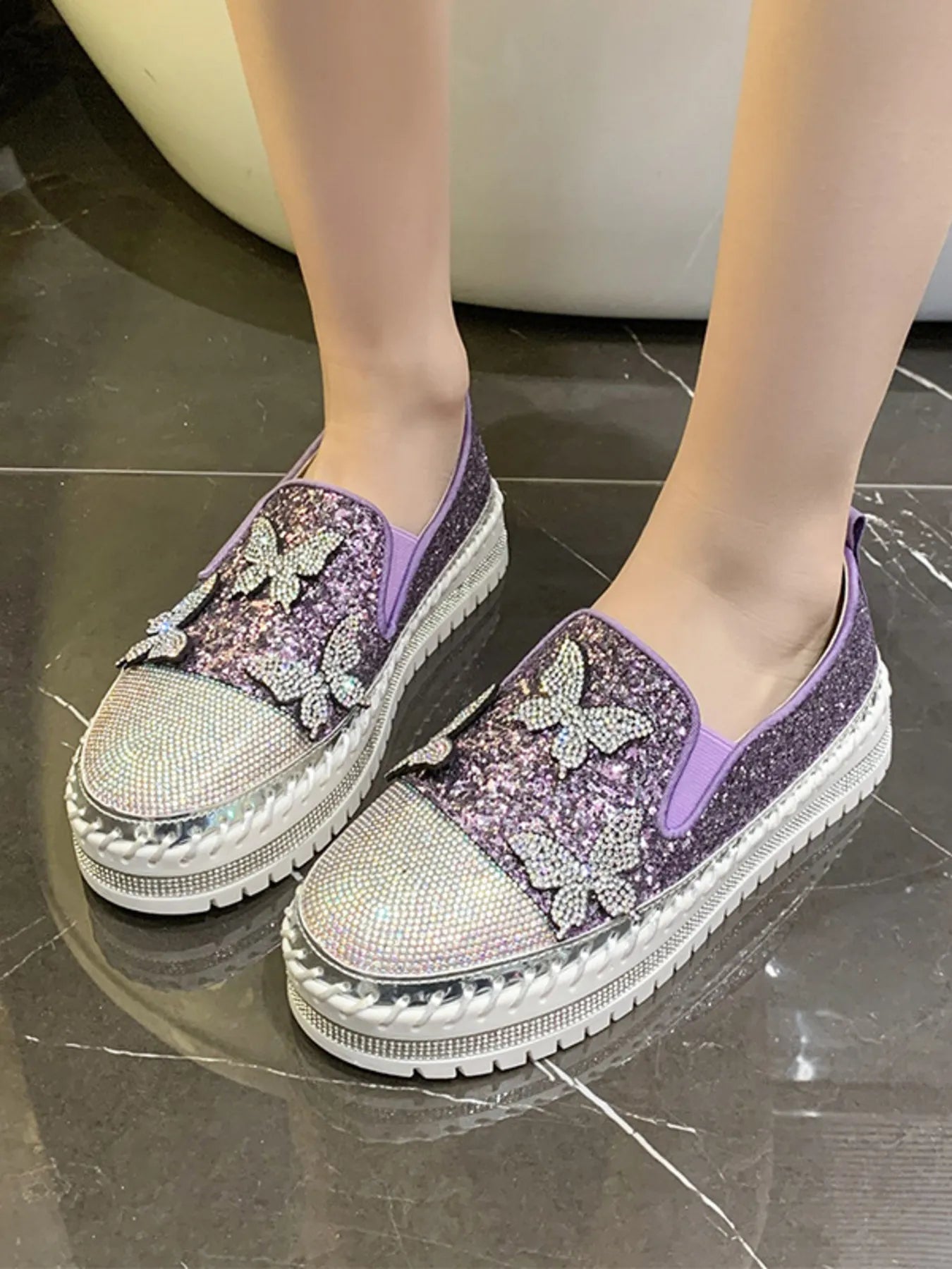 Rhinestone Embellished Platform Slip-Ons