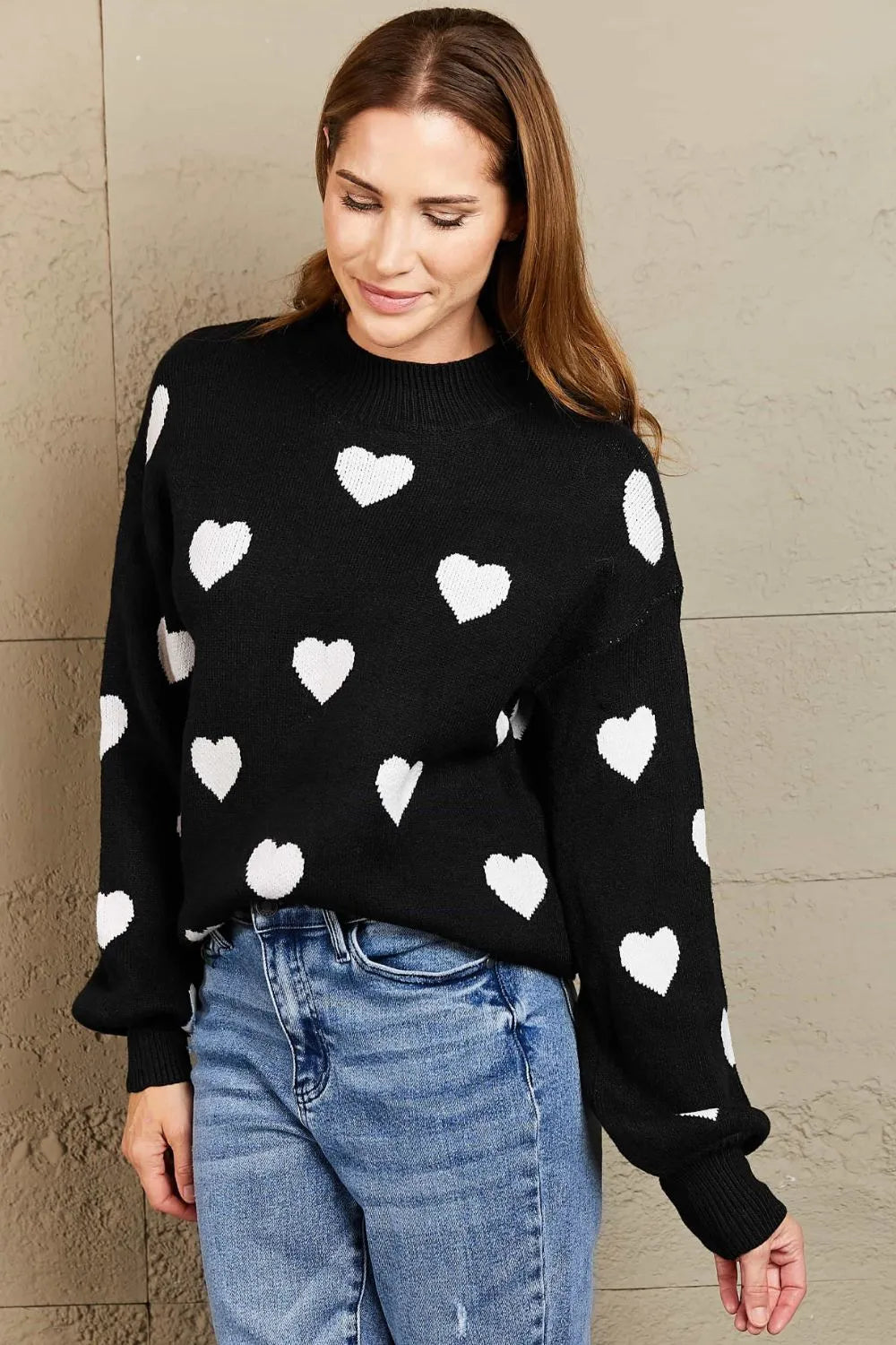 Heart Pattern Lantern Sleeve Round Neck Tunic Sweater