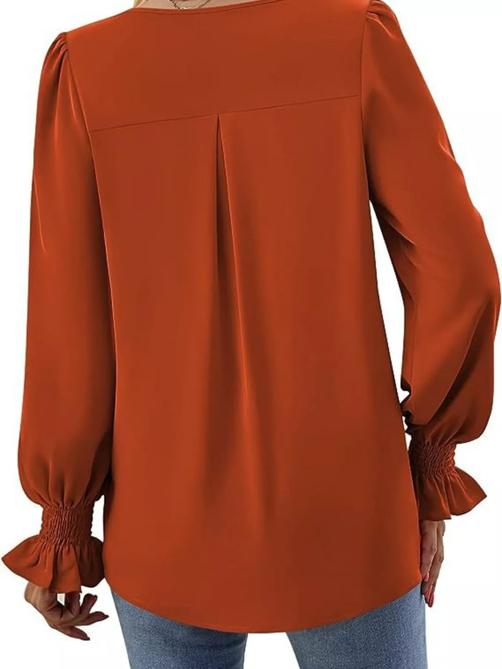 V-Neck Long Sleeve Ruffle Cuff Blouse
