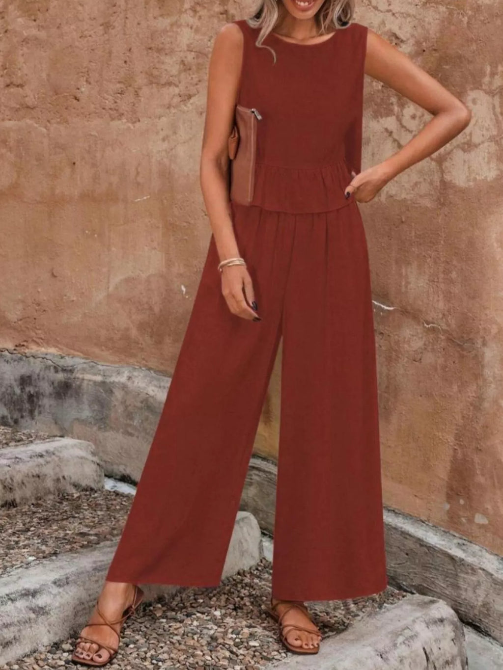 Sleeveless Ruffle Hem Top and Wide Leg Pants Two-Piece Set