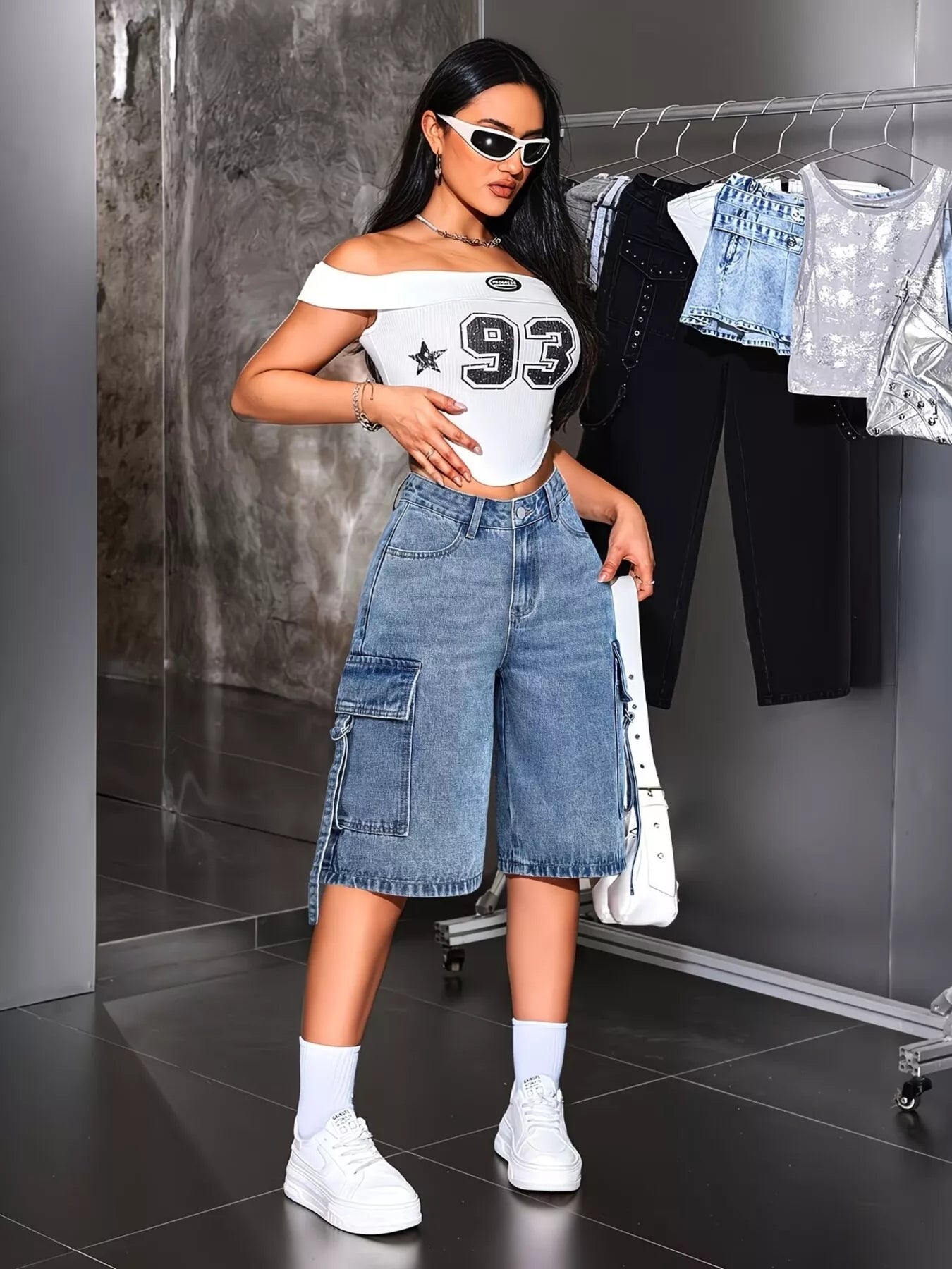 Loose Fit Cargo Denim Capris