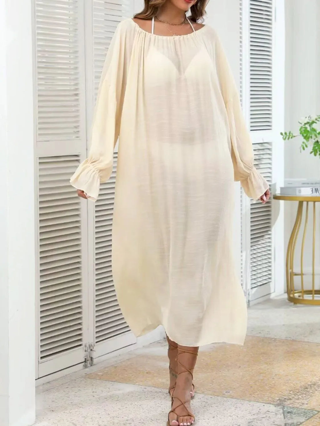Backless Drawstring Back Flounce Sleeve Cover-Up